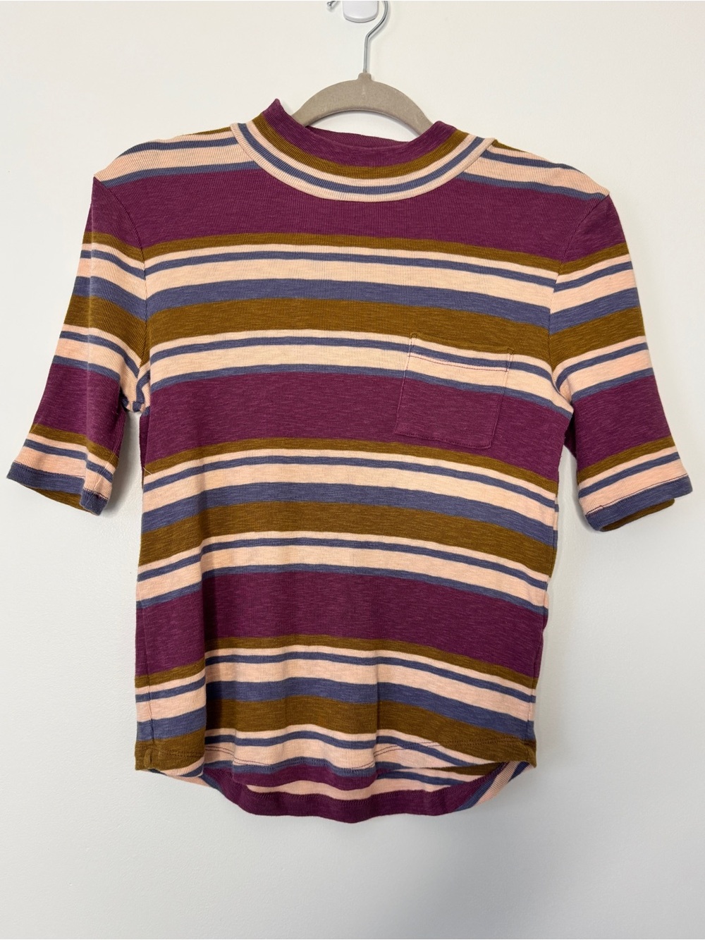 Madewell Mock Neck Shirt Tail Tee in Stripe Short Sleeve Knit Top Sz M - Picture 2 of 12
